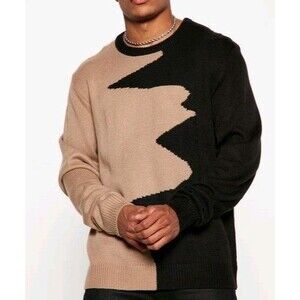 Men's Abstract Sweater Modern Split Two Tone Beige Black Size L Punk Hipster Alt